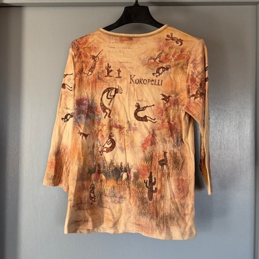 Cactus Tan Southwestern Pullover Top Kokopelli Embellished Long Sleeve L Aztec - Picture 2 of 6